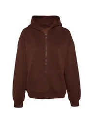 Brown Oversize/Comfortable Fit Basic Hooded Knitted Sweatshirt with Fleece Inside  . - 6