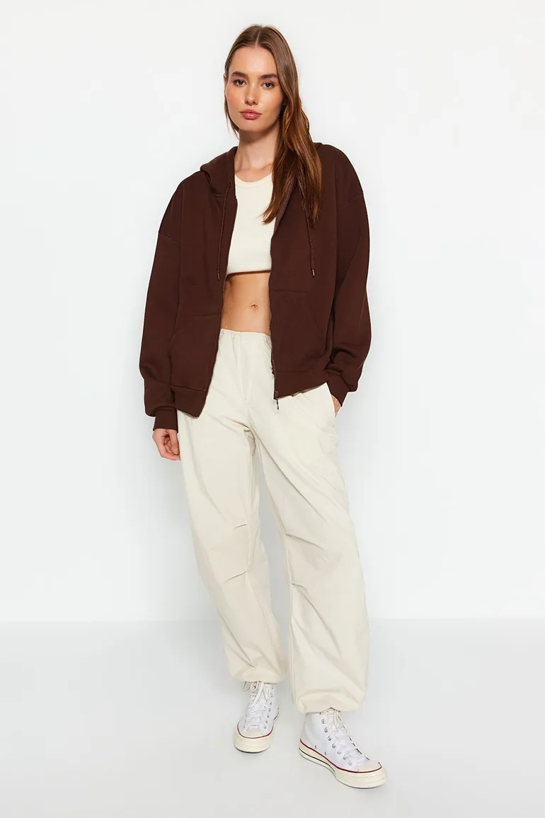 Brown Oversize/Comfortable Fit Basic Hooded Knitted Sweatshirt with Fleece Inside  .