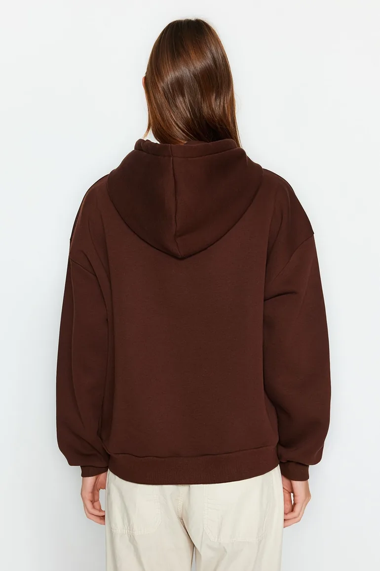 Brown Oversize/Comfortable Fit Basic Hooded Knitted Sweatshirt with Fleece Inside  . - 5