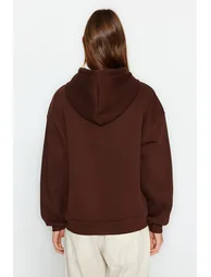 Brown Oversize/Comfortable Fit Basic Hooded Knitted Sweatshirt with Fleece Inside  . - 5