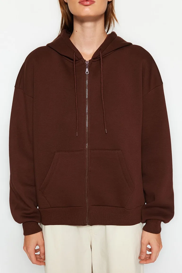 Brown Oversize/Comfortable Fit Basic Hooded Knitted Sweatshirt with Fleece Inside  . - 3