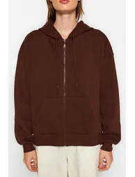 Brown Oversize/Comfortable Fit Basic Hooded Knitted Sweatshirt with Fleece Inside  . - 3