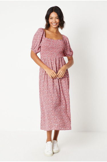 Ditsy Shirred Bodice Midaxi Dress