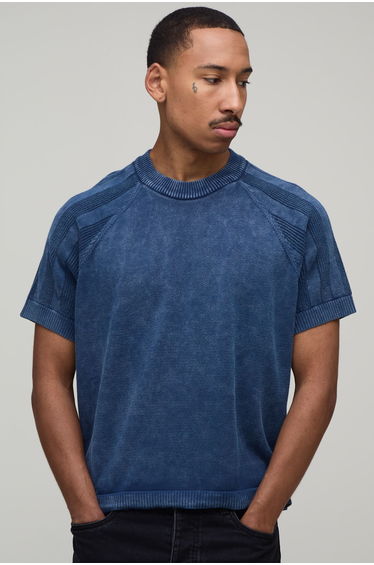 Boxy Fit Acid Wash Ribbed Knitted T-Shirt - blue