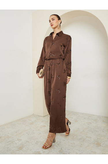 Women Brown Embellished Wide Leg Trousers