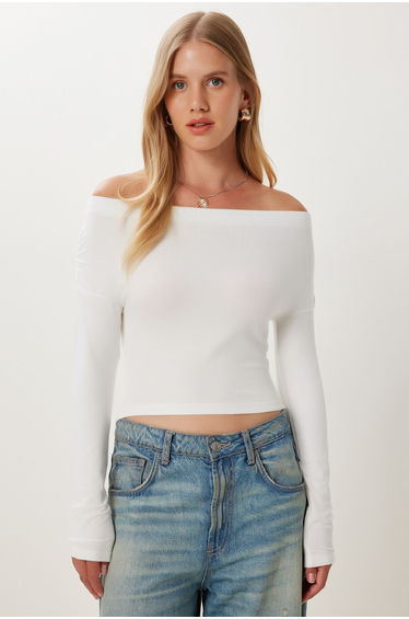 Women's Ecru Gathered Boat Neck Crop Blouse