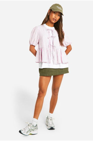 Pink And Green Stripe Tie Front Puff Sleeve Smock Top - pink