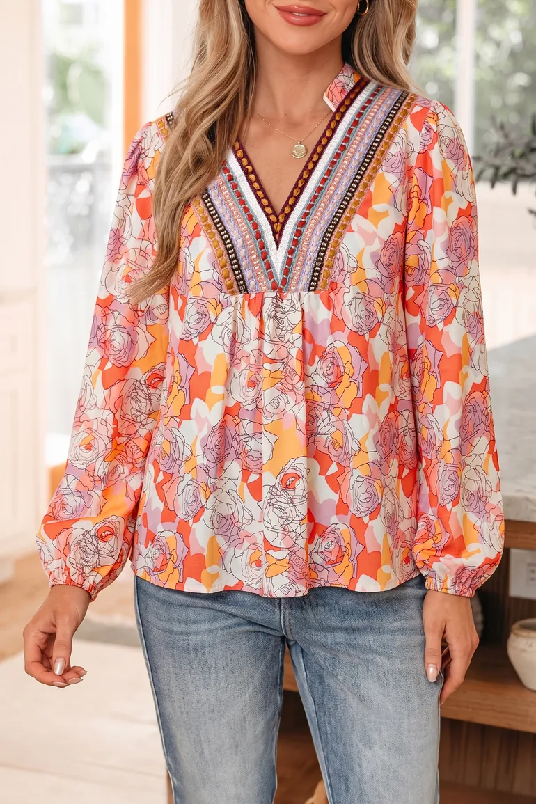Lvness Pink Floral Print V Neck Long Sleeve Shift Blouse