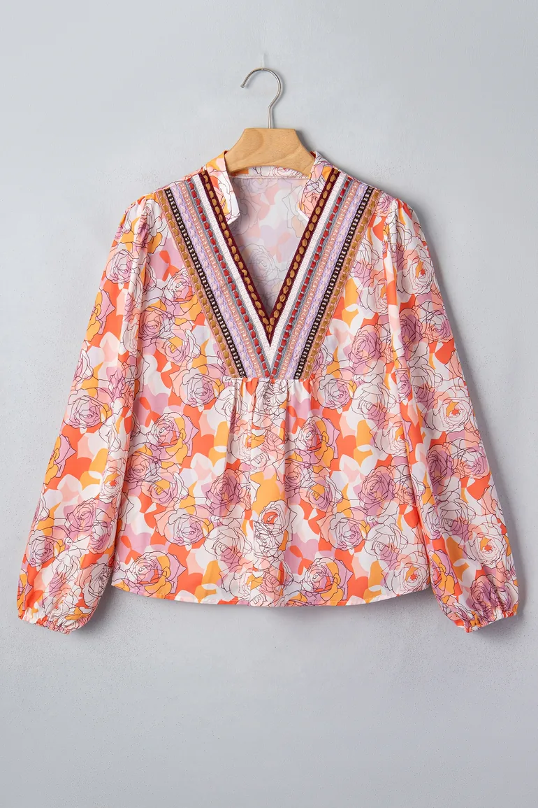 Lvness Pink Floral Print V Neck Long Sleeve Shift Blouse - 2