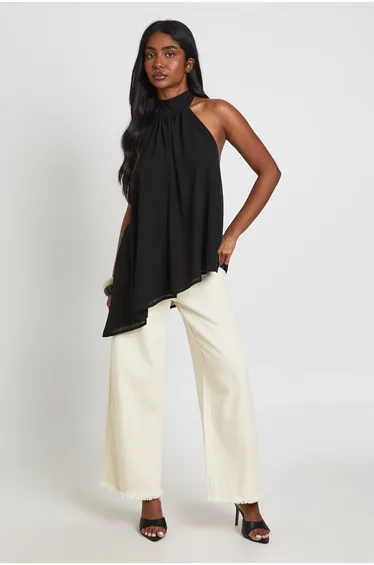 Chiffon Funnel Neck Volume Top - black