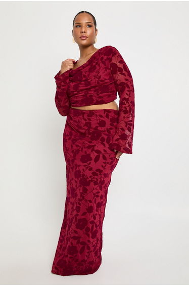 Plus Devore Cowl Neck Long Sleeve Top - red