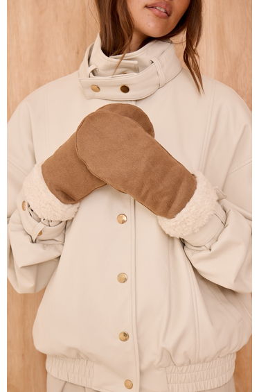 Tan Faux Suede Borg Trim Mittens