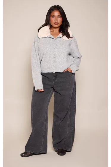 Plus Grey Faux Fur Collar Button Down Cropped Cardigan