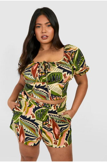 Plus Linen Feel Paisley Print Puff Sleeve Ruched Crop Top - green