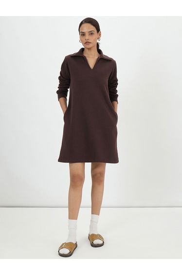 Coffee Brown Fleece Mini Shirt Dress