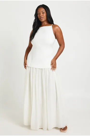 Plus Crepe Sleeveless Dress With Chiffon Skirt - white