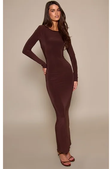 Chocolate Double Layer Slinky Long Sleeve Maxi Dress