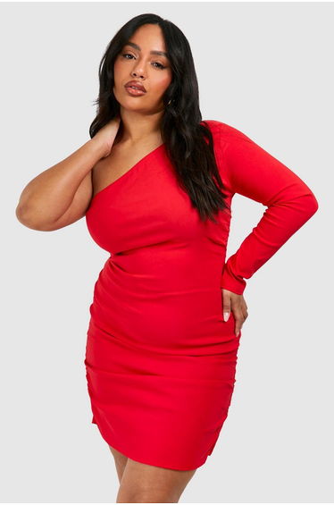 Plus Bengaline One Shoulder Ruched Mini Dress - red