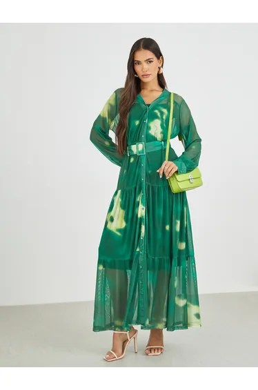 Tie and Dye Print V Neck Shirt Maxi Dress with Belt