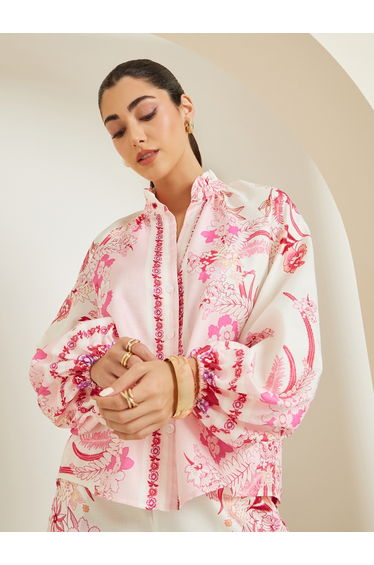 Women Pink Floral Print Balloon Sleeve Blouse