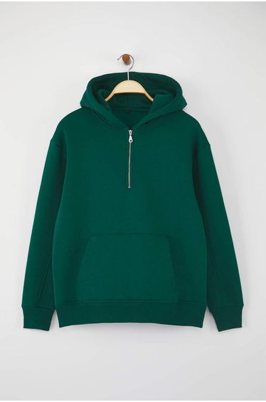 Emerald Green Oversize/Wide Cut Zippered Hooded Fleece Inside Basic Sweatshirt