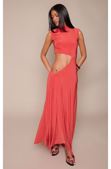 Tall Orange Slinky High Neck Cap Sleeve Cut Out Drape Detail Maxi Dress