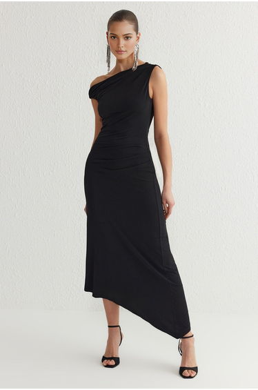 Black Asymmetrical Collar Knitted Dress
