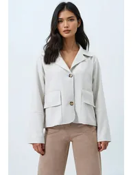 Women's Ecru Shirt Collar Double Pocket Faux Suede Jacket - 3