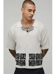 قميص محبوك جاكار بقصة عريضة - بيج