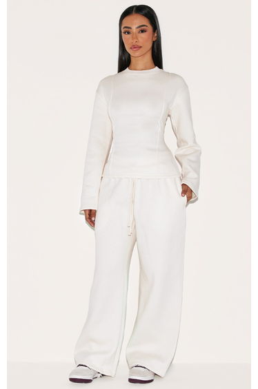 Petite Cream Wide Leg Elastic Waist Drawstring Joggers