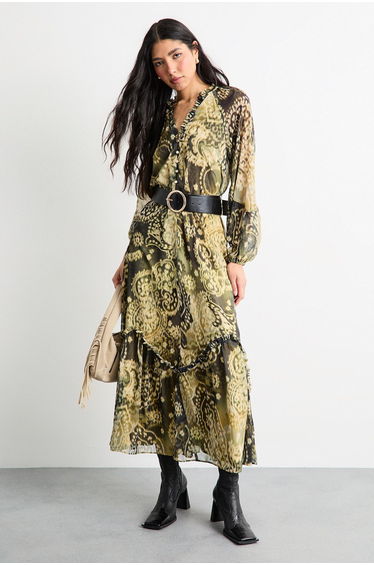 Printed Ruffle Detail Belted Maxi Dress