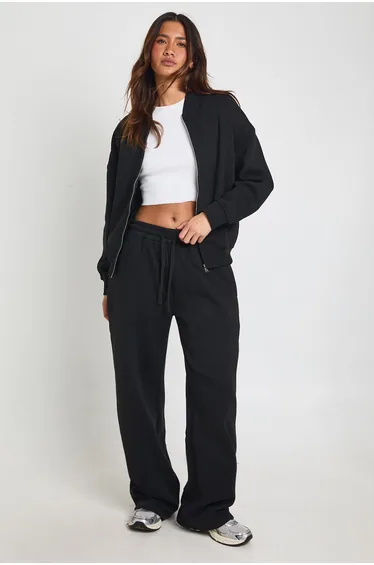 بدلة رياضة بنطلون بأرجل عريضة و جاكيت بومبر - أسود