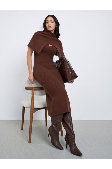 Brown Sweater Midi Dress with Detachable Cape Sleeve