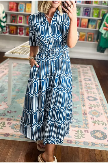 Lvness Blue Geometric Print Short Sleeve Drawstring Shirt Collar Dress
