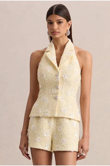 Alba | Lemon Boucle Plunge-Neck Crop-Top