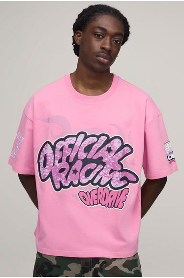 Oversized Boxy Fun Moto Graphic Puff Print T-Shirt - pink