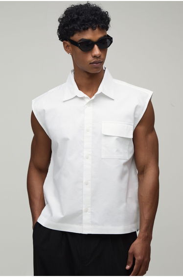Oversized Boxy Extreme crop Sleeveless Oxford Shirt - white