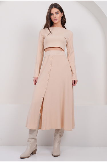 Women's Beige Crew Neck Cropped Blouse and Maxi Skirt Set