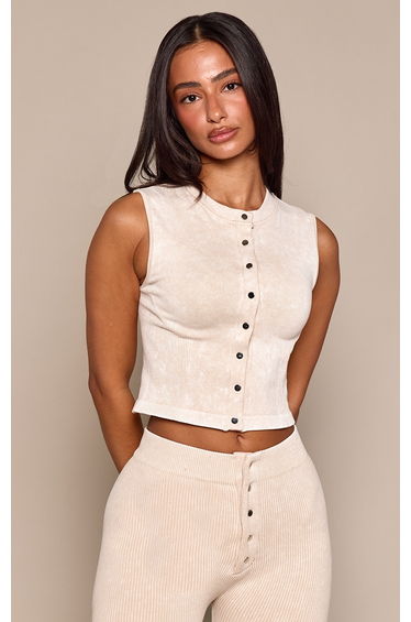 Petite Cream Contour Rib Front Popper Sleeveless Top