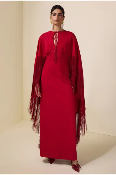 Solid Tie-Up Tassel Cape Sleeve Maxi Dress