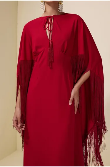 Solid Tie-Up Tassel Cape Sleeve Maxi Dress