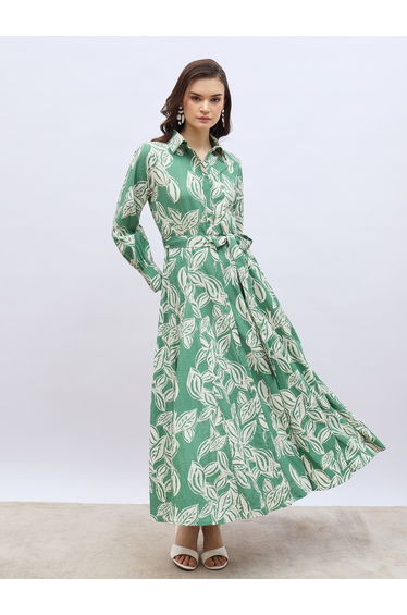 Floral Print Buttoned Shirt Maxi Dress with Tie-Up Belt
