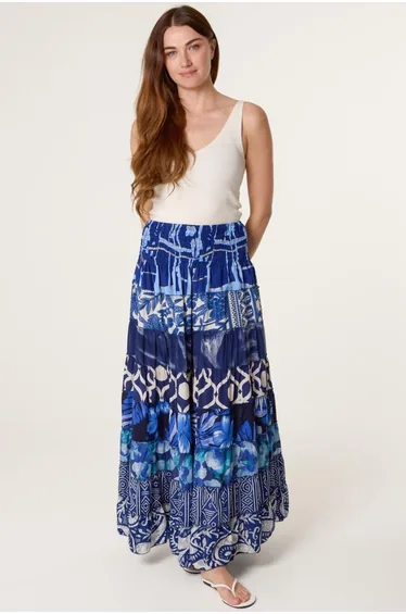 Multi Print Shirred Skirt