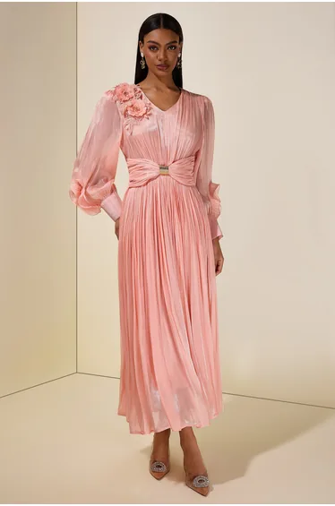 Satin V-Neck Ruffle Midi Dress