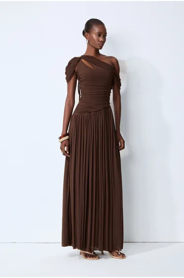 Lost After Dark Brown One Shoulder Cutout Maxi Dress