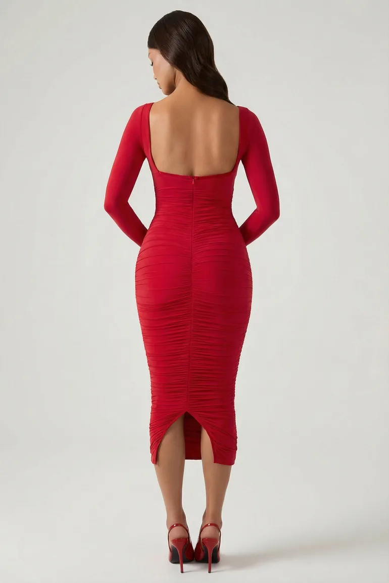 Layered Bra-Detail Ruched Midaxi Dress in Red - 1