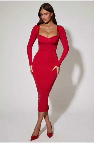 Layered Bra-Detail Ruched Midaxi Dress in Red