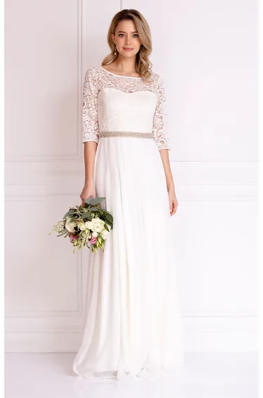 فستان زفاف ماكسي بطيات بقصة مستقيمة بتطريز أزهار