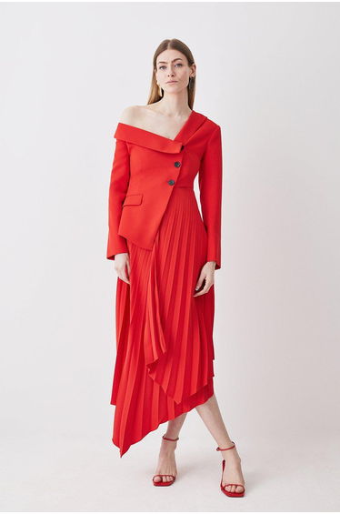 Petite Tailored Crepe Asymmetric Pleated Midi Dress