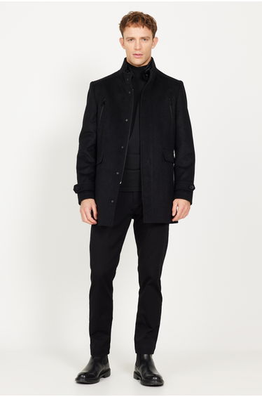 Standard Fit Regular Cut Shirt Collar Wool Patterned Overcoat